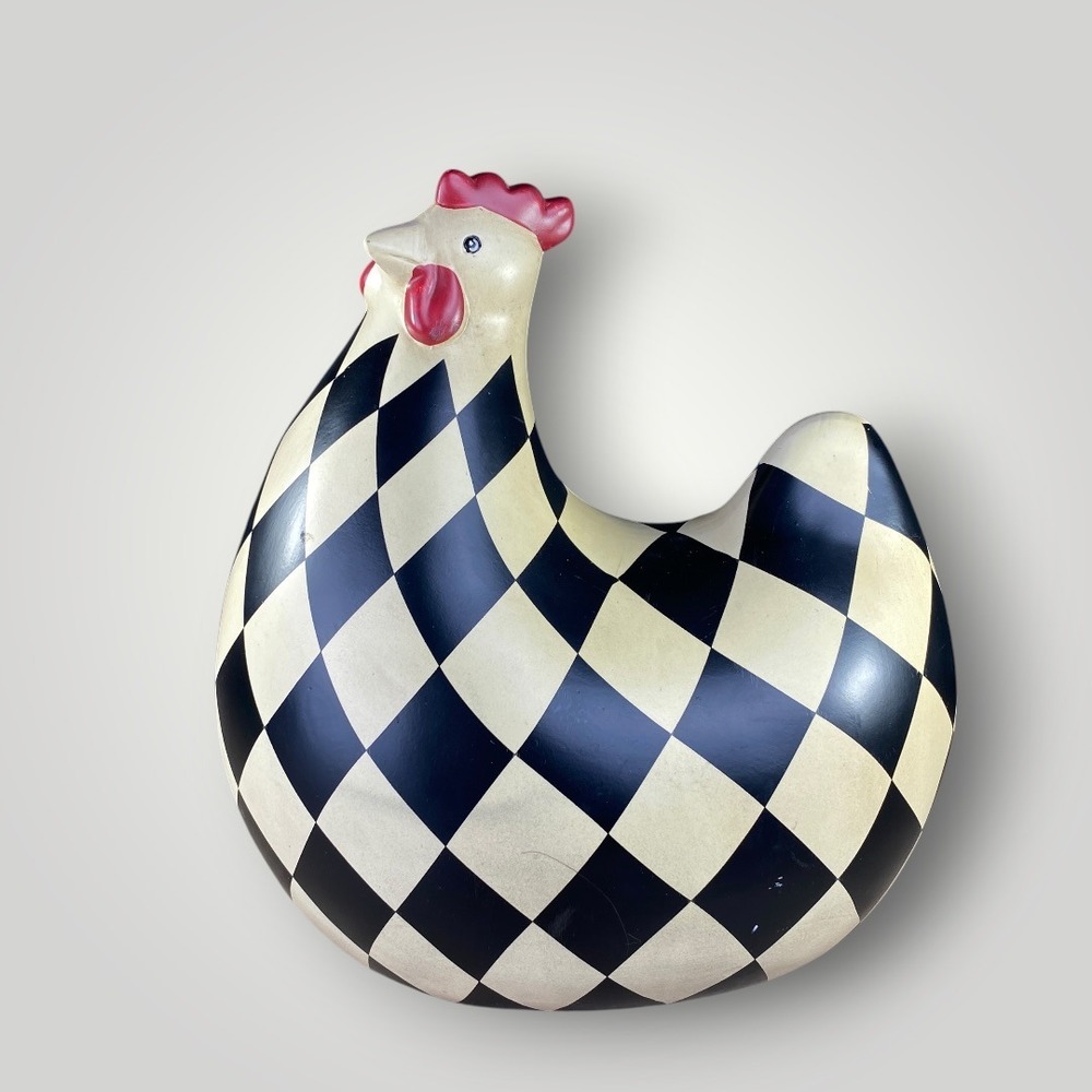 Black White Harlequin Chicken Decor Ceramic Hen Farmhouse Kitchen Large
